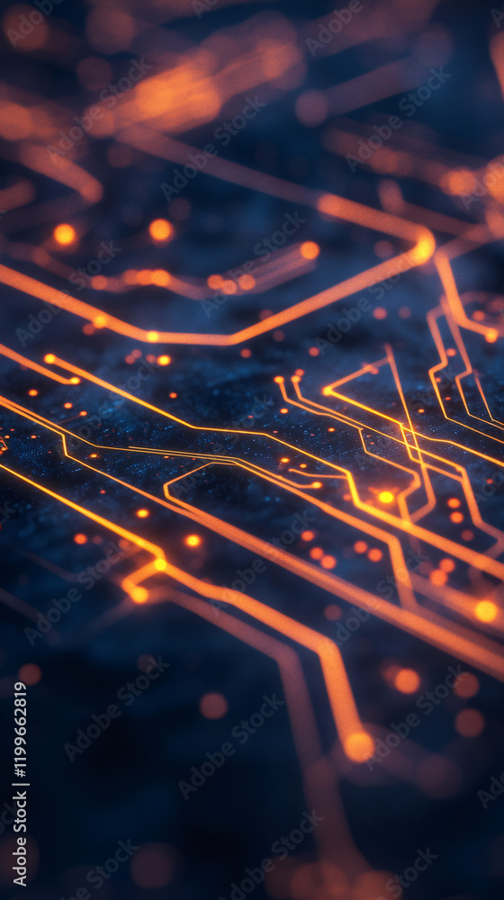 Aufkleber Complex electronic circuit board with glowing orange lines forming an intricate network, symbolizing advanced technology and connectivity