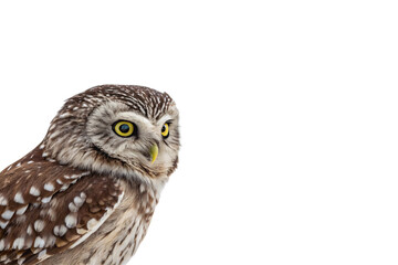Obraz premium A side profile of an owl with striking yellow eyes and speckled feathers, displaying a calm yet intense demeanor. Isolated on a transparent background