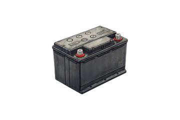 A sleek and industrial-looking car battery with bold terminal markings, designed to power modern automotive systems effectively. Isolated on a transparent background