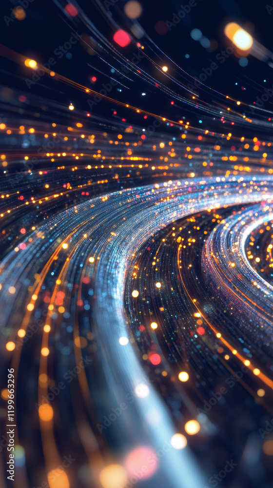 Poster Abstract digital background depicting flowing light trails, suggesting data transfer, speed and technology