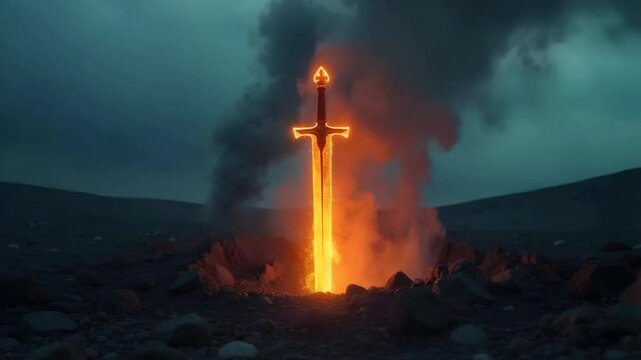 Charred ground with a flaming sword, reflecting the devastating power of war