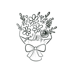 Black and White Floral Bouquet Illustration in Rustic Bucket with Ribbon Bow