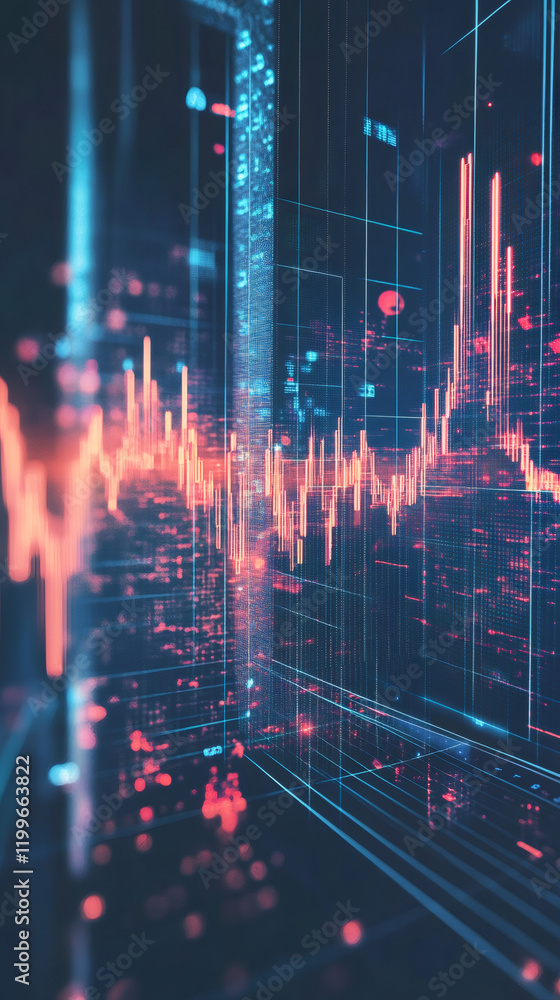 Poster Red graph increasing over time, representing growing profits, immersed in a virtual reality space full of data