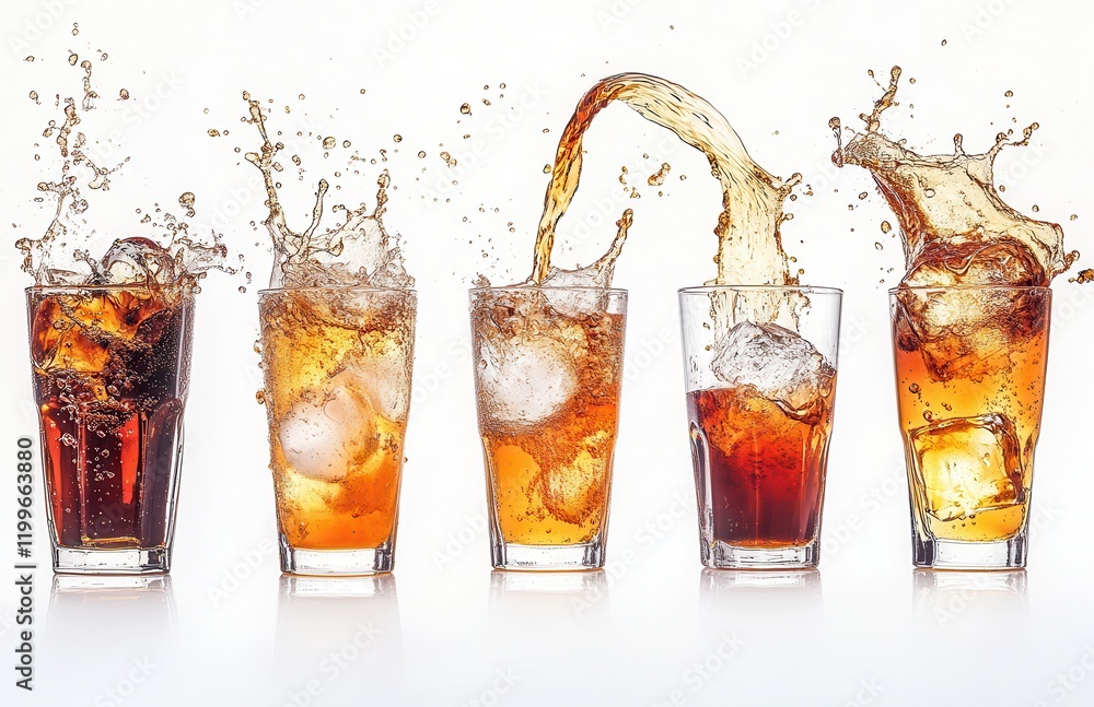 Poster captivating sequence of refreshing beverages with ice cubes creating dynamic splash effects in clear