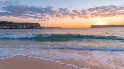Serene Sunrise Ocean Beach Scene With Cliffs