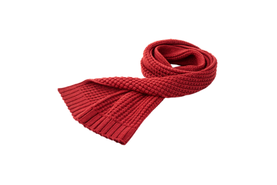 A vibrant textured red scarf neatly folded, showcasing intricate knit patterns, perfect for warmth and cozy aesthetics in winter fashion. Isolated on a transparent background