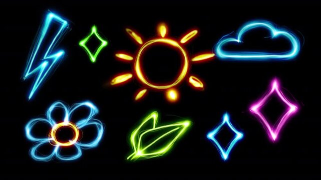 Set of 8 neon scketch doodle animated nature icons. Scribble stroke line sun, flower, cloud, lightning, stars, green leaves on a transparent alpha channel