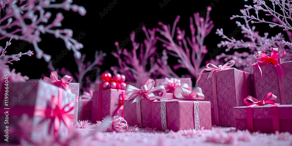 Poster a row of pink boxes with bows on them are arranged on a snowy ground. the boxes are decorated with r