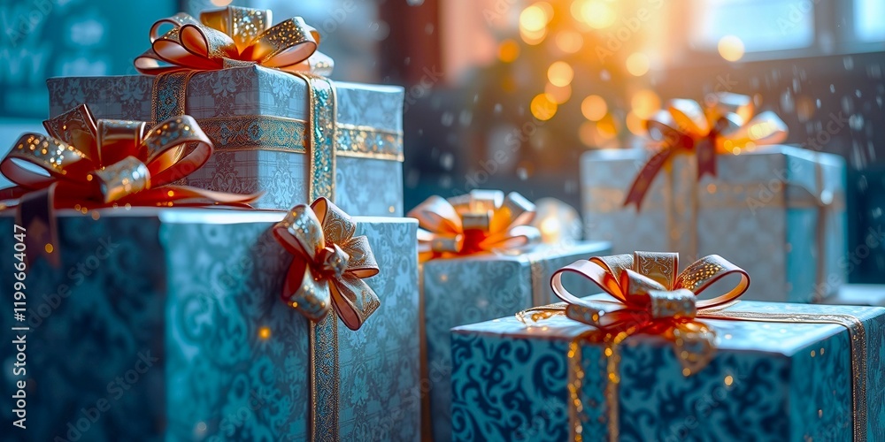 Poster a stack of presents with a blue one in the middle. the presents are piled on top of each other