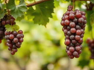Naklejka premium A cluster of ripe red grapes hanging from a bunch on a vine, purple grapes, red vine grapes, wine harvest