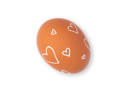 One Easter egg is a natural brown color with a minimalistic white pattern in the form of hearts isolated on a white background.