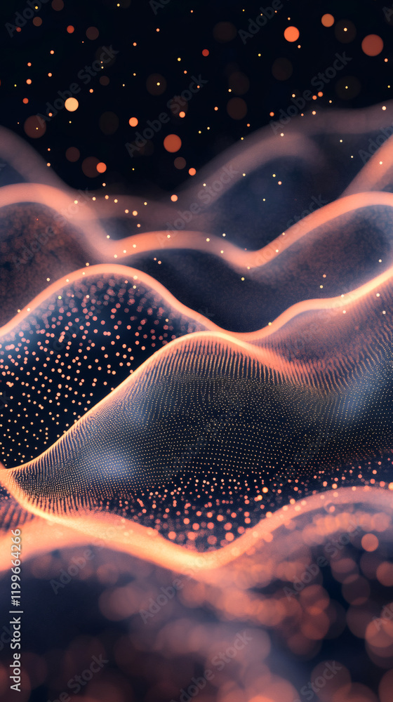 Aufkleber Abstract orange digital wave particles are flowing on a black background with bokeh effect, creating a futuristic and technological concept