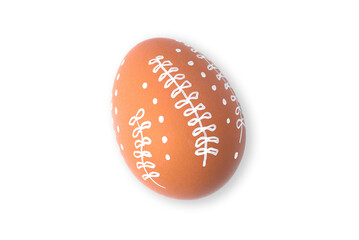 One Easter egg is a natural brown color with a minimalistic white pattern in the form of twigs isolated on a white background.