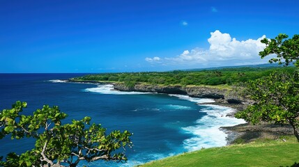 Lush Green Cliffs Meet Turquoise Ocean Under Blue Sky