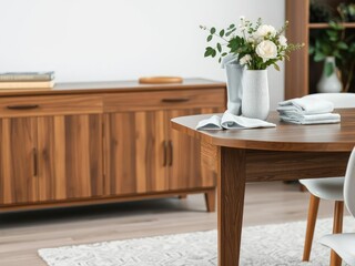 A clothing hanger in a decorative arrangement on the edge of a brown wooden table with matching sideboard, interior design, domesticity