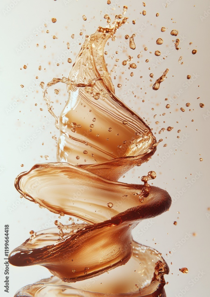 Poster captivating swirls of liquid brown substance creating dynamic shapes against a soft neutral backgrou