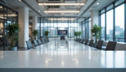 Fototapeta premium Empty White Table in a Modern Office with Panoramic Windows and Blurred Background