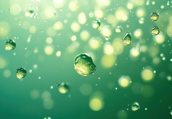 Captivating View of Water Drops Suspended in the Air with a Soft Green Background, Highlighting the Beauty of Nature and Refreshing Elements in a Dreamy Atmosphere