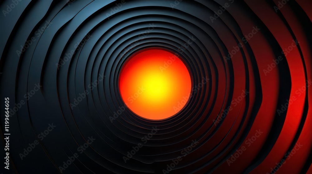 Poster a vibrant orange sphere is centered within concentric black and blue circular patterns, creating a s