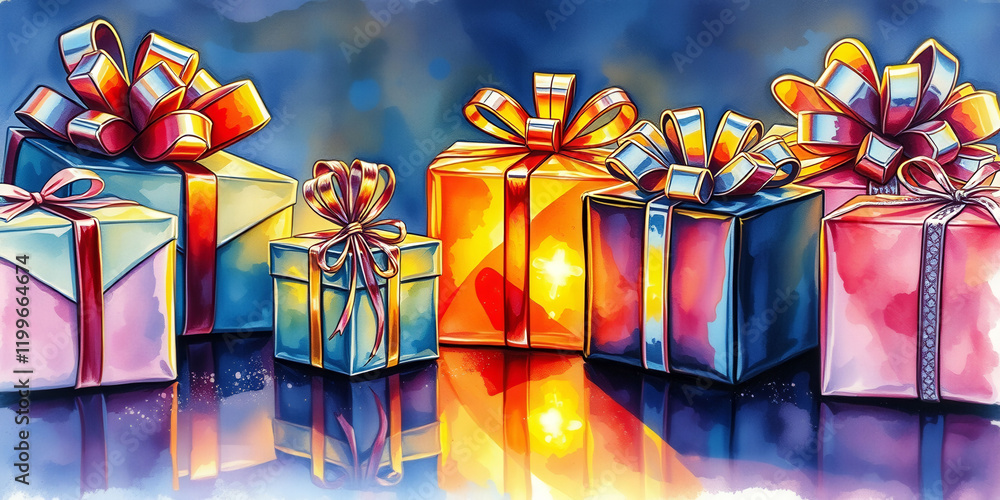 Poster a painting of a bunch of colorful boxes with bows on them. the boxes are arranged in a row and are a