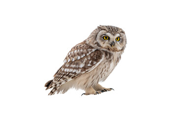 Naklejka premium An owl with bright yellow eyes and mottled feathers, perched elegantly, radiating wisdom and curiosity. Isolated on a transparent background
