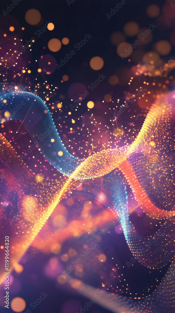 Poster Abstract colorful digital wave particles flowing on dark background representing futuristic technology and data science