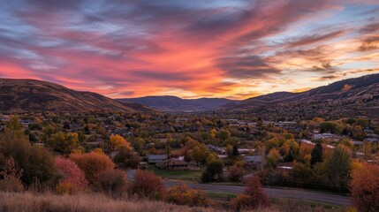 Fototapeta premium Autumn Sunset Over Mountain Valley Town