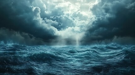 Realistic photo of a stormy sea with dark clouds and rays of light shining through, symbolizing the end times.