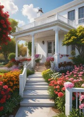 Fototapeta premium A brightly colored porch leads to a white house with a beautiful garden full of blooming flowers and trees, white house, nature-inspired decor, inviting exterior