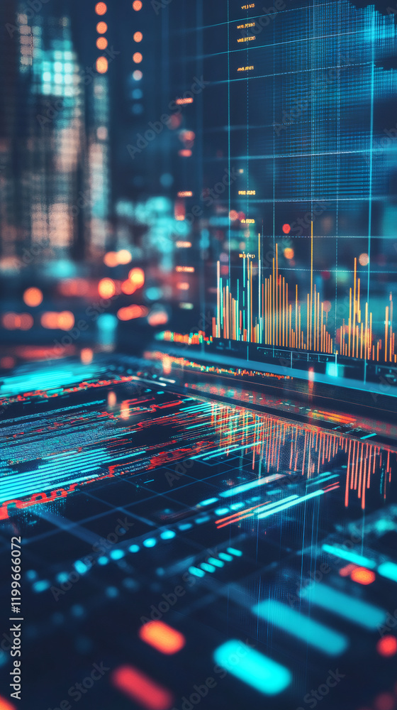 Aufkleber Digital interface displaying vibrant market charts, financial data, and programming script, representing AI-driven investment analytics