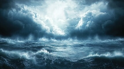 Realistic photo of a stormy sea with dark clouds and rays of light shining through, symbolizing the end times.