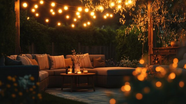 Comfortable outdoor seating area with string lights for evening relaxation and socializing.