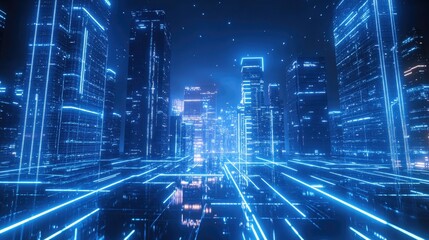 Futuristic Cityscape Illuminated By Neon Blue Lights