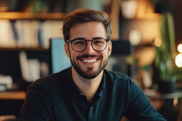 Fototapeta premium Smiling young man in glasses and a professional office environment.