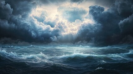 Realistic photo of a stormy sea with dark clouds and rays of light shining through, symbolizing the end times.