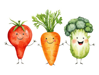 Watercolor Clipart of Happy Dancing Vegetable Characters with a Transparent Background