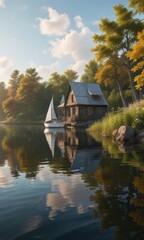 Obraz premium A small white sailboat drifting on the lake water with a rustic wooden house in the distance, summer landscape, drifting on lake