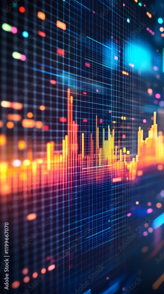 Poster financial chart bars growing on digital screen with colorful grid and pixels, representing market an