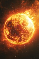 Glowing red sun with fiery plasma eruption.