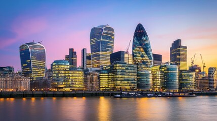 Naklejka premium London Cityscape Evening Skyscrapers River Reflection
