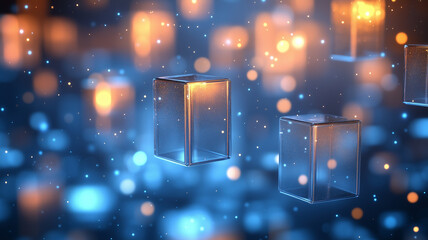 soothing digital space features floating transparent cubes illuminated by warm lights, creating serene atmosphere. soft blue and orange hues enhance calming effect