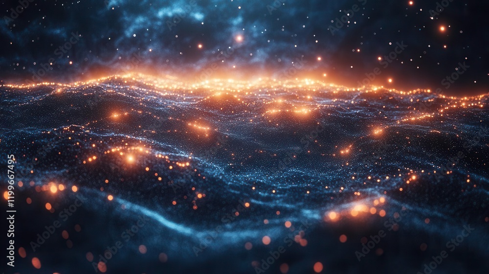 Poster a vibrant cosmic scene featuring glowing waves and sparkling particles, evoking a sense of depth and
