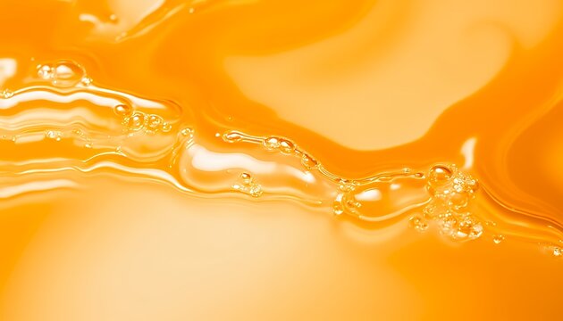 Close-up view of a silky smooth orange liquid with subtle waves and ripples, creating an abstract background texture ideal for cosmetic and beauty product advertising.  The vibrant color and glistenin