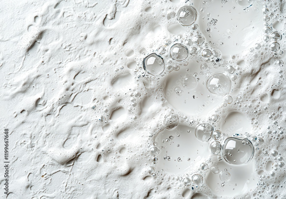 Poster close-up of bubbles and foam on a white surface creating a textured background for various creative 