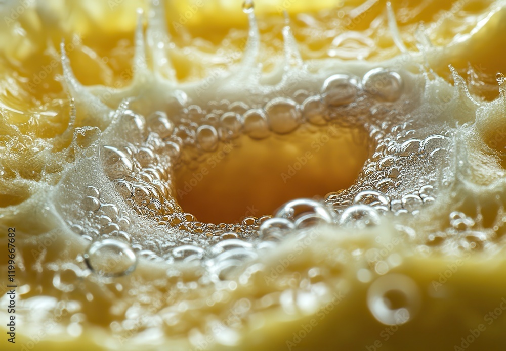 Poster close-up of bubbles forming in a vibrant yellow liquid, capturing the dynamic interaction of texture