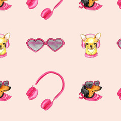 Watercolor seamless pattern with dogs: chihuahua, dachshund and headphones, heart shaped glasses pink