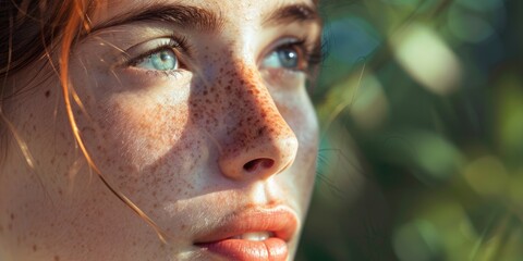 A woman with freckles and red hair, looking into the distance. Shot in natural sunlight, capturing her serene expression and fair skin.
