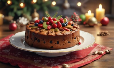 A plate of festive fruitcake on a decorative platter, colorful, festive platter