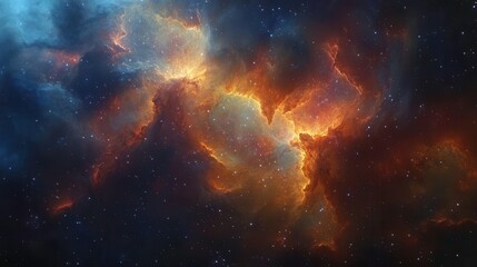 Naklejka premium A vibrant cosmic scene showcasing colorful nebulae illuminated by distant stars against a dark, starry background.