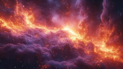 A vibrant cosmic scene depicting fiery clouds and nebulous formations illuminated by brilliant orange and purple hues in the vastness of space.